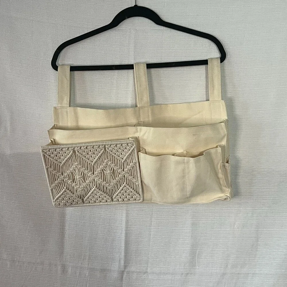 Conforming Macrame Boho Dorm Bed Caddy Organizer Remote Cream - 0198